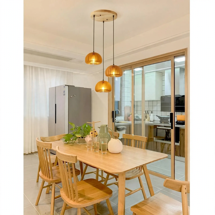 Wooden hanging lamp with LED, height adjustable