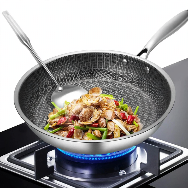 Frying pan, 410 stainless steel, honeycomb pattern