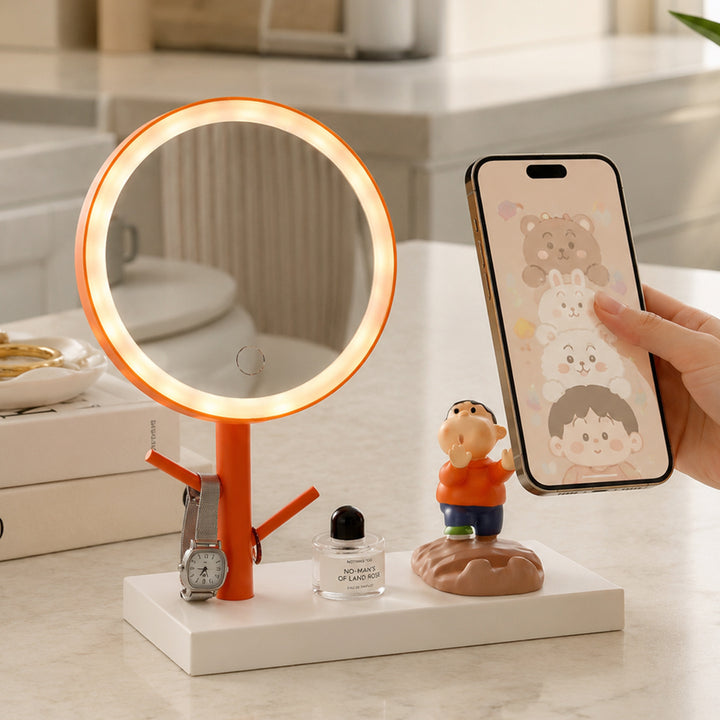 LED Make-up Mirror with Phone Holder and Jewelry Stand
