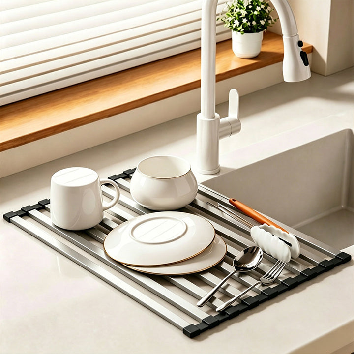 Stainless steel sink rack with rolling grid