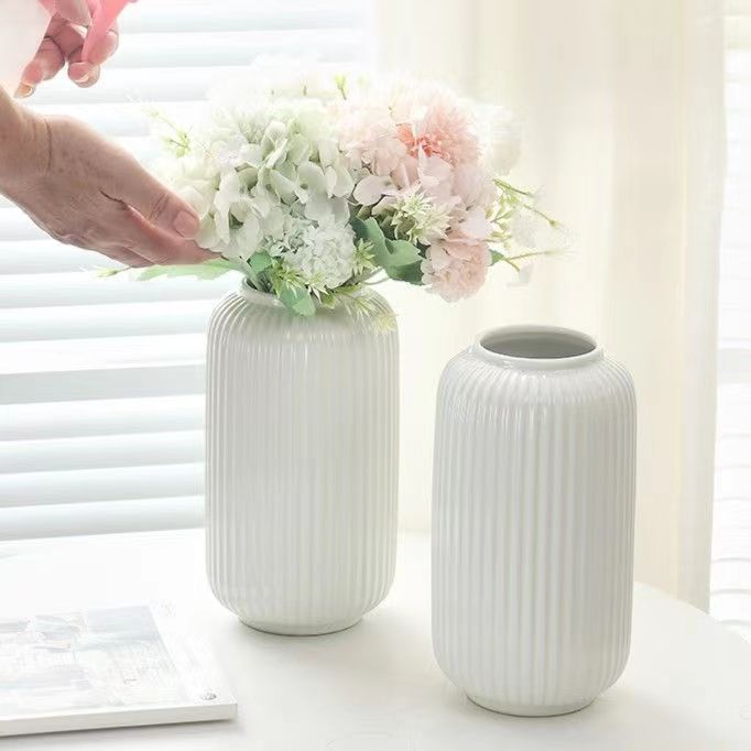 Ceramic flower vase with grooves, modern, white