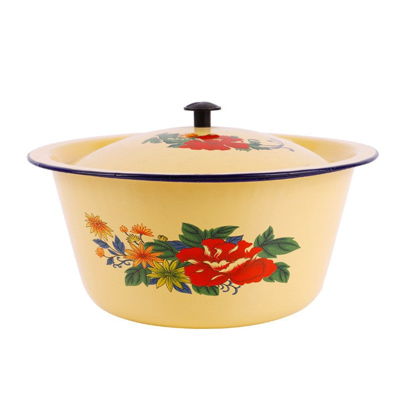 Enamelled bowl with lid, round, floral pattern