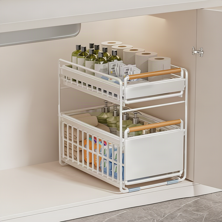 Extendable under-sink shelf for the bathroom