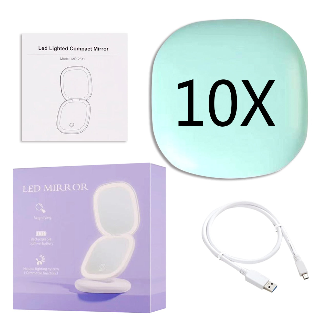 BowLift | Mini LED 10x Magnification Cosmetic Mirror with Various Light Settings, USB Rechargeable