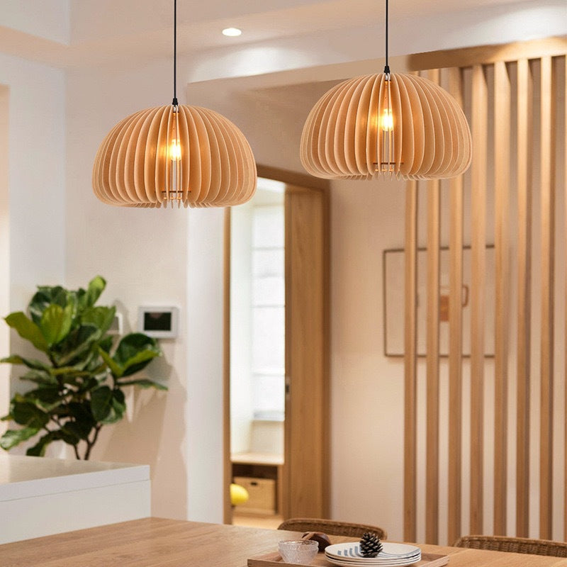 Wooden hanging lamp with LED, height adjustable