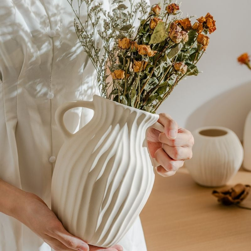 Ceramic flower vase, country house style, woven texture