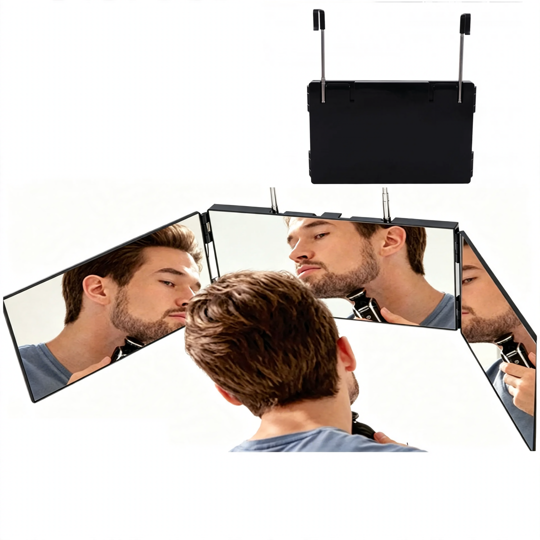 Three-part folding mirror with hooks, optionally with LED