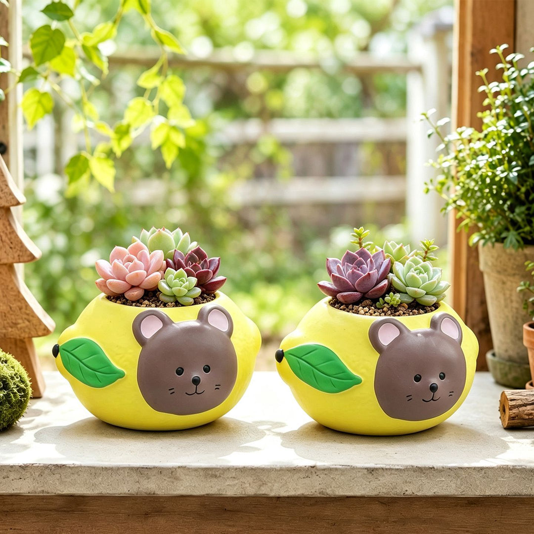 Flower pot bear and lemon, ceramic, painted