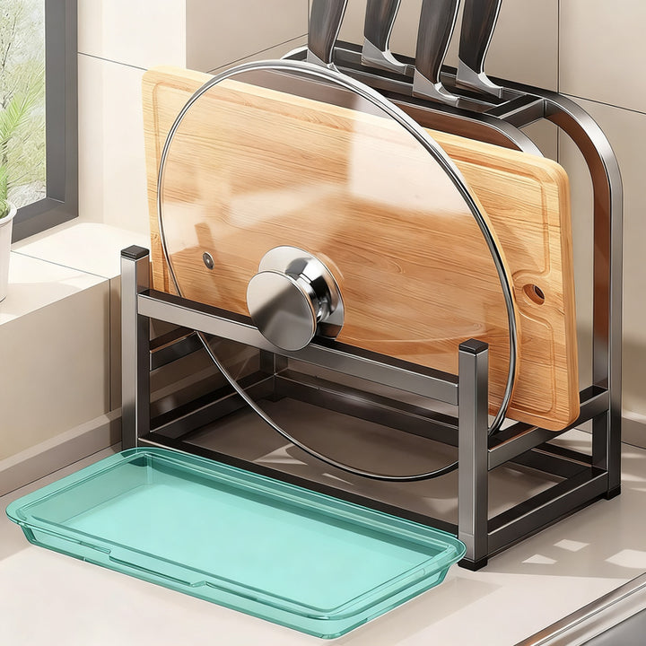 Knife block with cutting board and pot lid holder