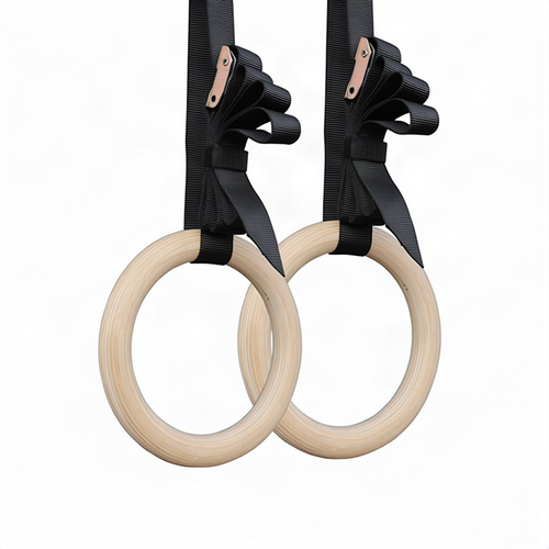 Wooden gymnastics rings with strap