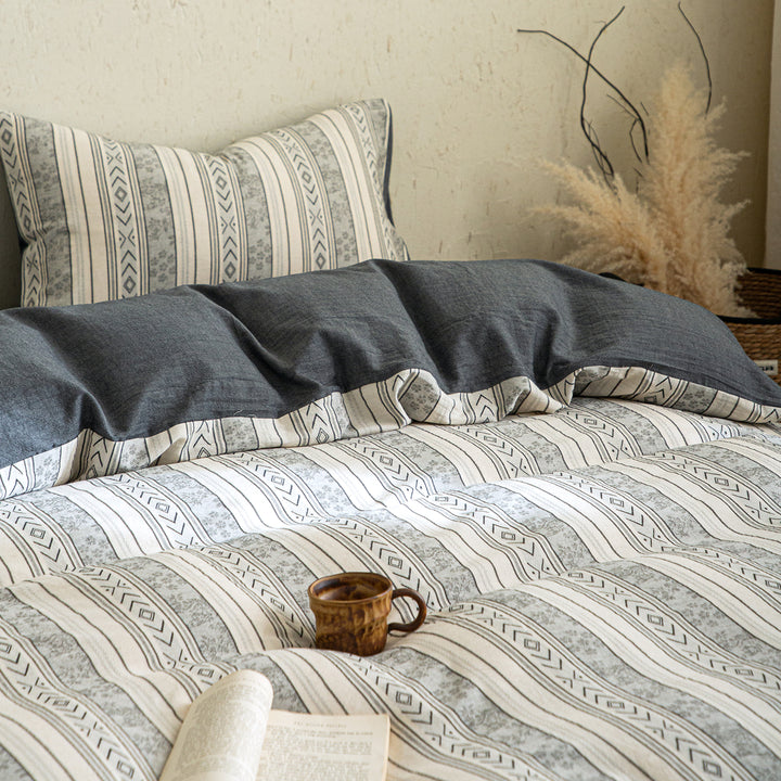 Cotton-linen bedding, 4-piece, striped pattern