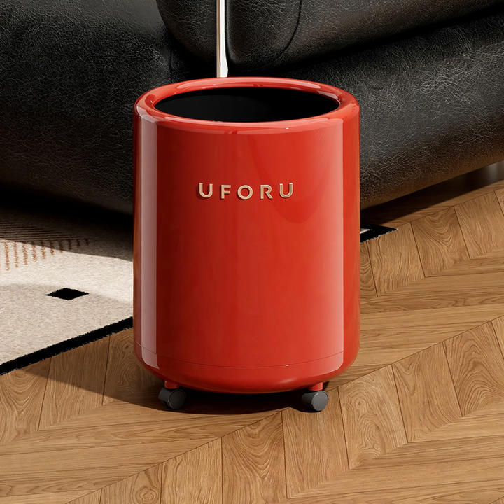 Large trash can with wheels and polka dot design