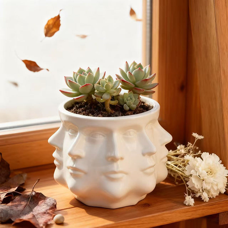 Modern flower pot with geometric face pattern