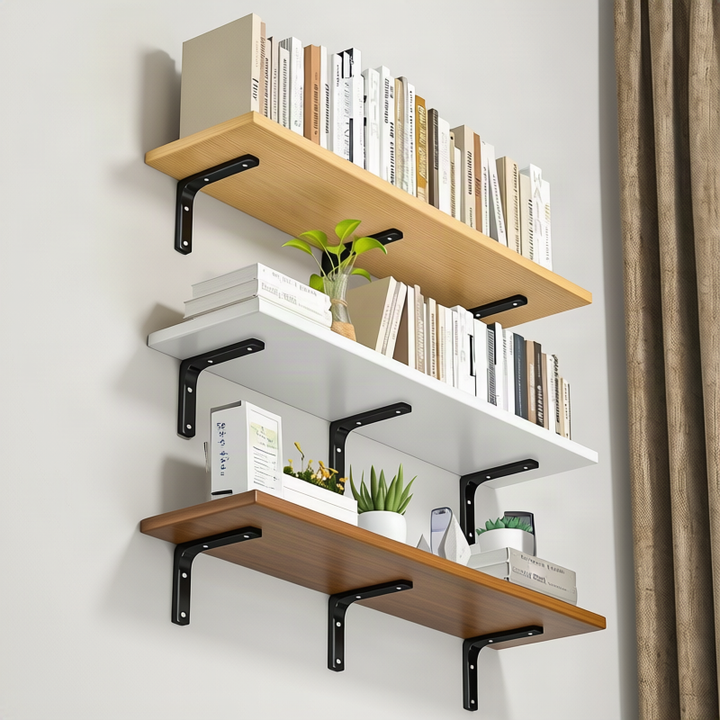 Wooden wall shelf, 140–240 cm, with metal brackets