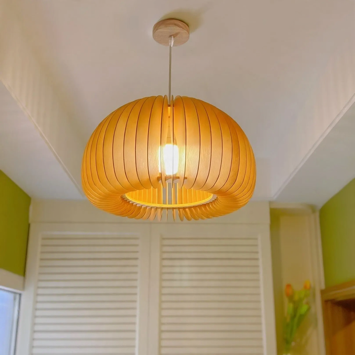 Wooden hanging lamp with LED, height adjustable