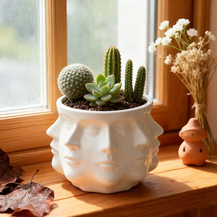 Modern flower pot with geometric face pattern
