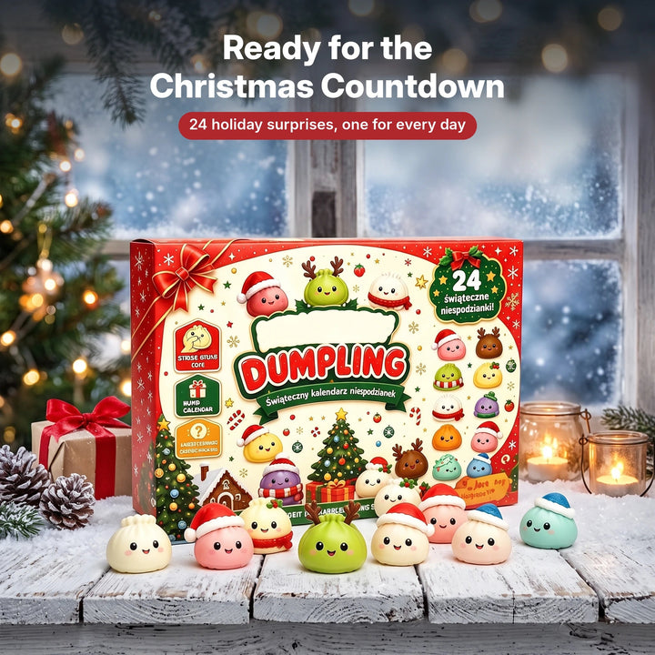 Dumpling advent calendar on a snowy table ready for the Christmas countdown