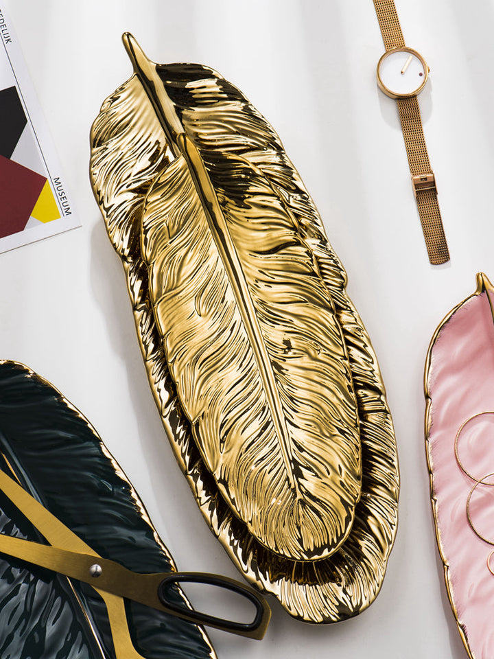 BowLift | Nordic Light Luxury Style on Golden Feather Plate Retro Jewelry Plate Storage Plate Snack Plate Home Decor