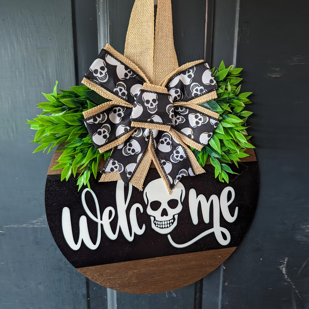 BowLift | Halloween Spooky Skull Front Door Wreath | Rustic Welcome Sign