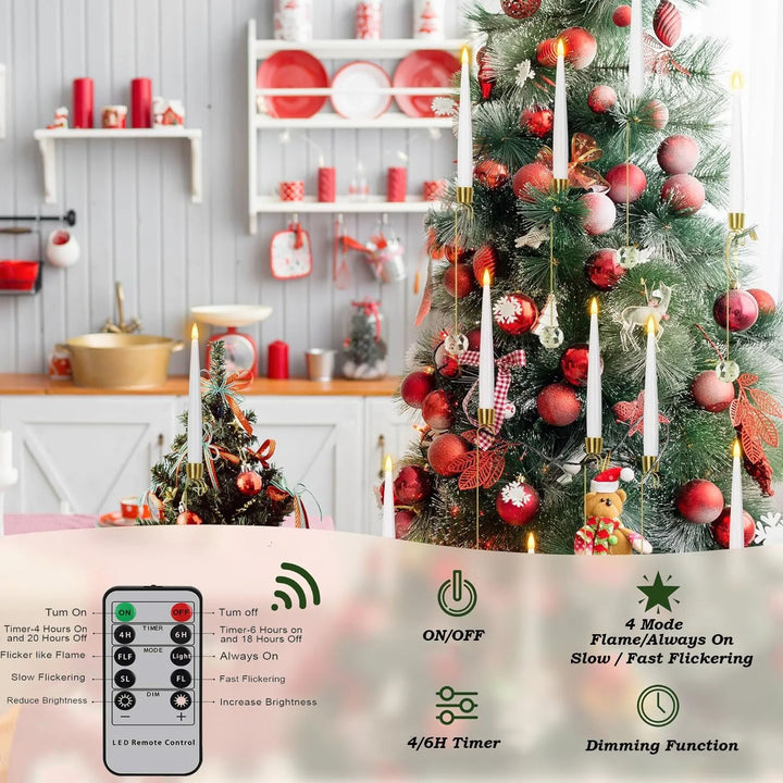 BowLift | Christmas Tree LED Candle Set | 12 Pieces with Remote Control & Timer | Warm White Flicker | Flameless & Safe