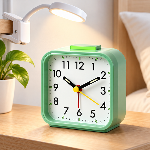Square Analog Quartz Alarm Clock with Silent Sweep Movement Bowlift