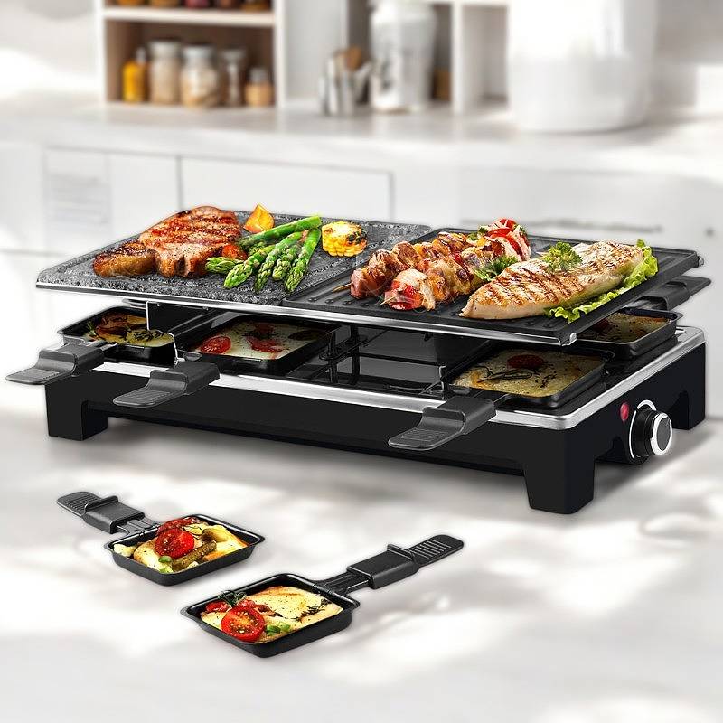 BowLift | Electric Grill with Reversible Non-Stick Plate and Raclette Trays for Indoor Cooking