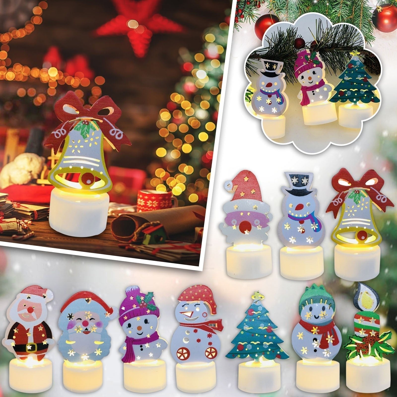 BowLift | Electronic LED Christmas Candle Lamps - Set of 10 – Adorable Santa, Snowman & Tree Night Lights for Festive Home, Party, & Garden Décor