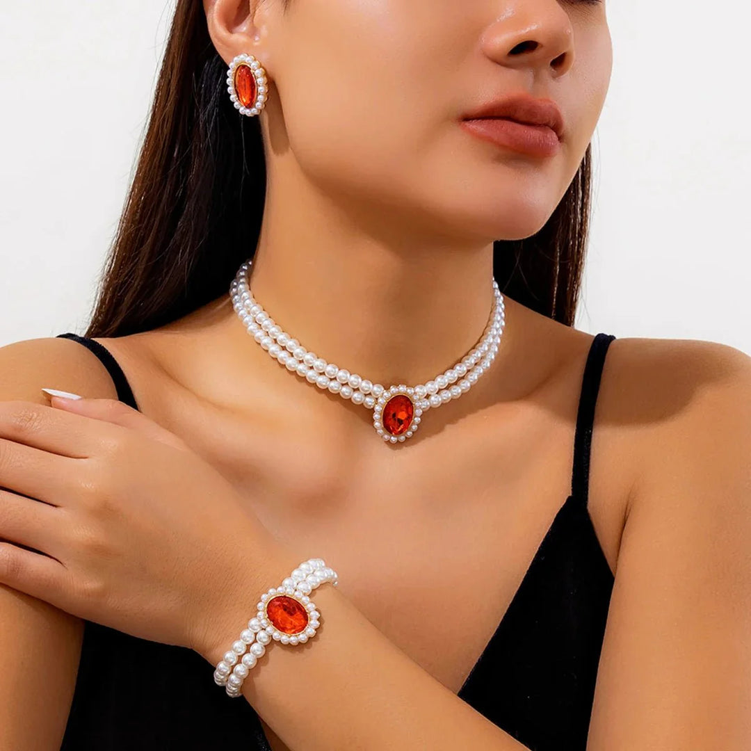 BowLift | Elegant Oval Diamond Pearl Necklace, Bracelet, Earrings Set
