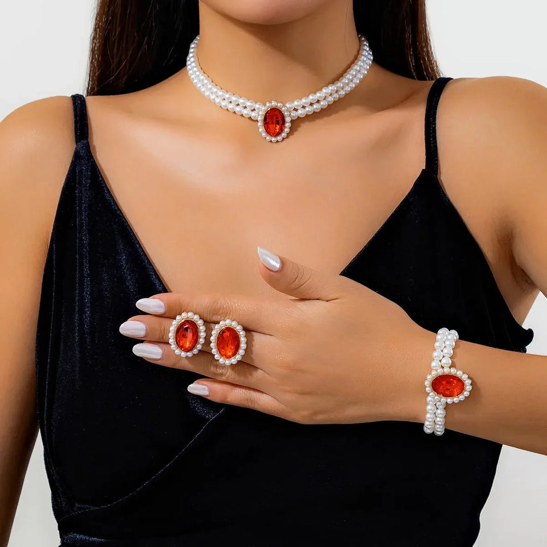 BowLift | Elegant Oval Diamond Pearl Necklace, Bracelet, Earrings Set