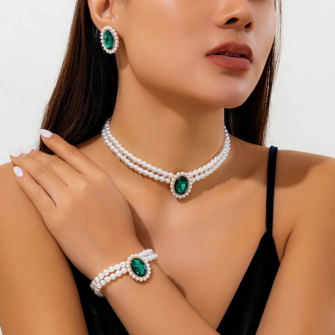 BowLift | Elegant Oval Diamond Pearl Necklace, Bracelet, Earrings Set
