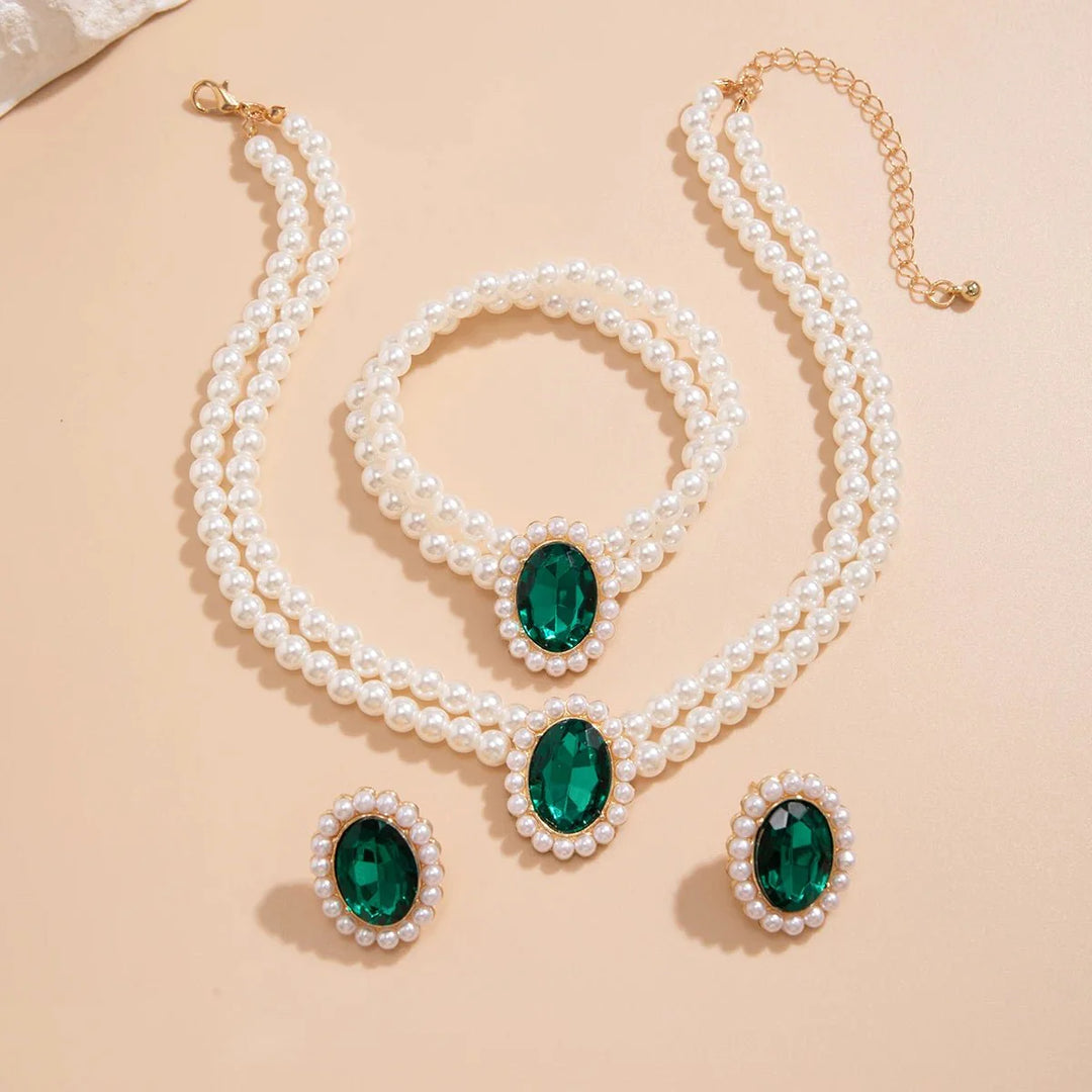 BowLift | Elegant Oval Diamond Pearl Necklace, Bracelet, Earrings Set