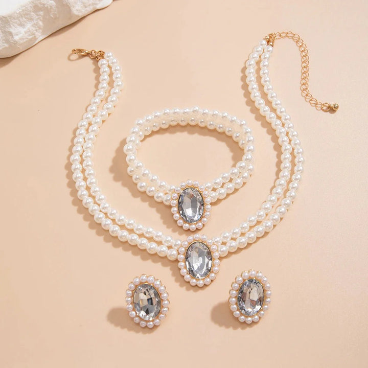 BowLift | Elegant Oval Diamond Pearl Necklace, Bracelet, Earrings Set