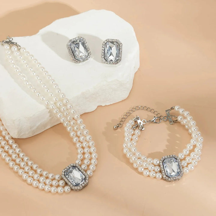BowLift | Elegant Pearl Diamond Necklace, Bracelet, and Earring Set