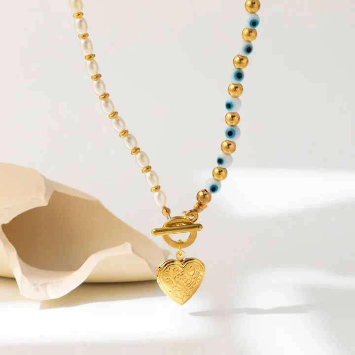 BowLift | Evil Eye Pearl Heart Locket Necklace