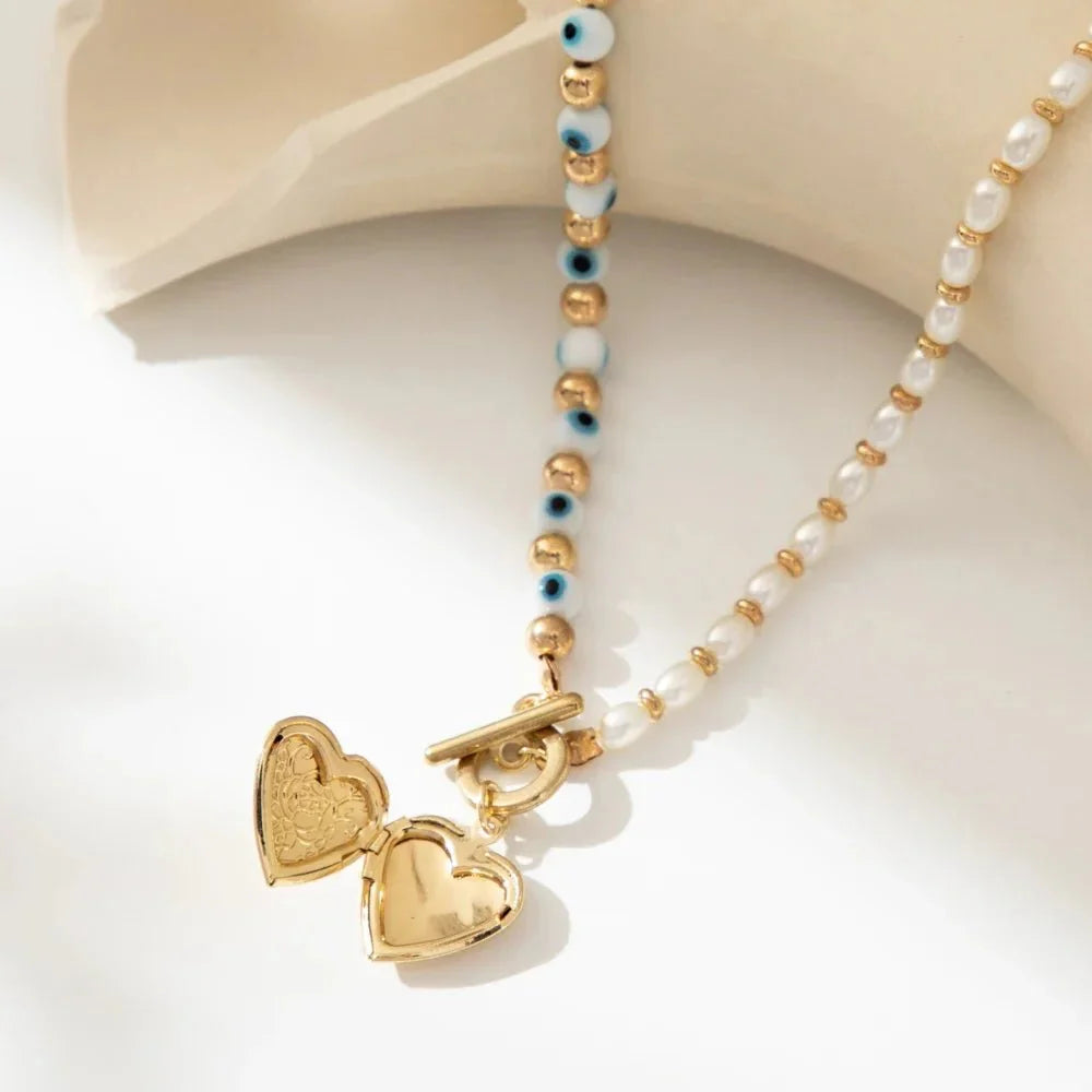 BowLift | Evil Eye Pearl Heart Locket Necklace