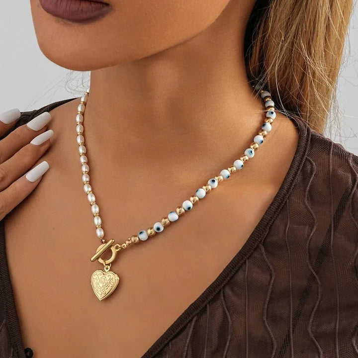 BowLift | Evil Eye Pearl Heart Locket Necklace