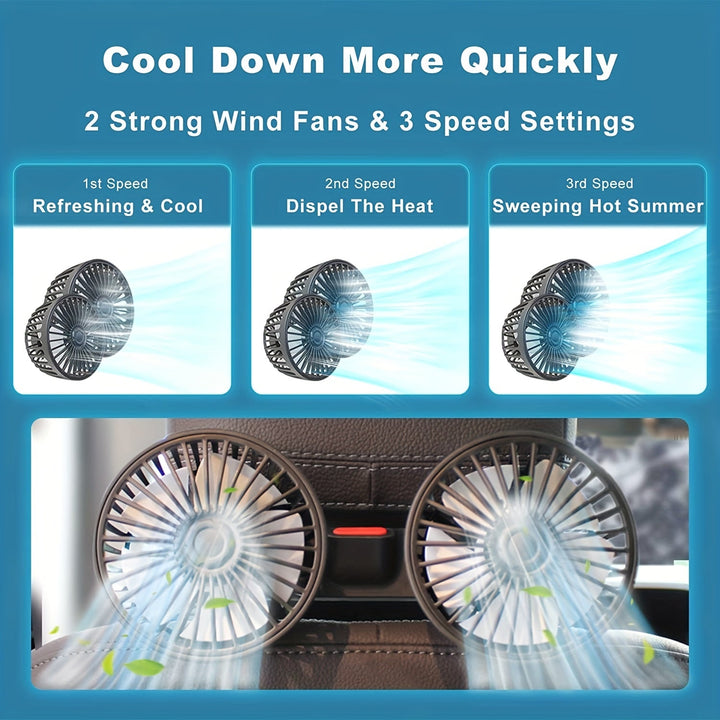 1 Pc Car Fan, Car Small Air Conditioner, Double-headed Rear Fan, Strong Wind, 360 Degrees Rotation, Large Air Volume, Subwoofer Operation, Base Fixed Clip Mounting Method, Suitable For Car Home | Bowlift