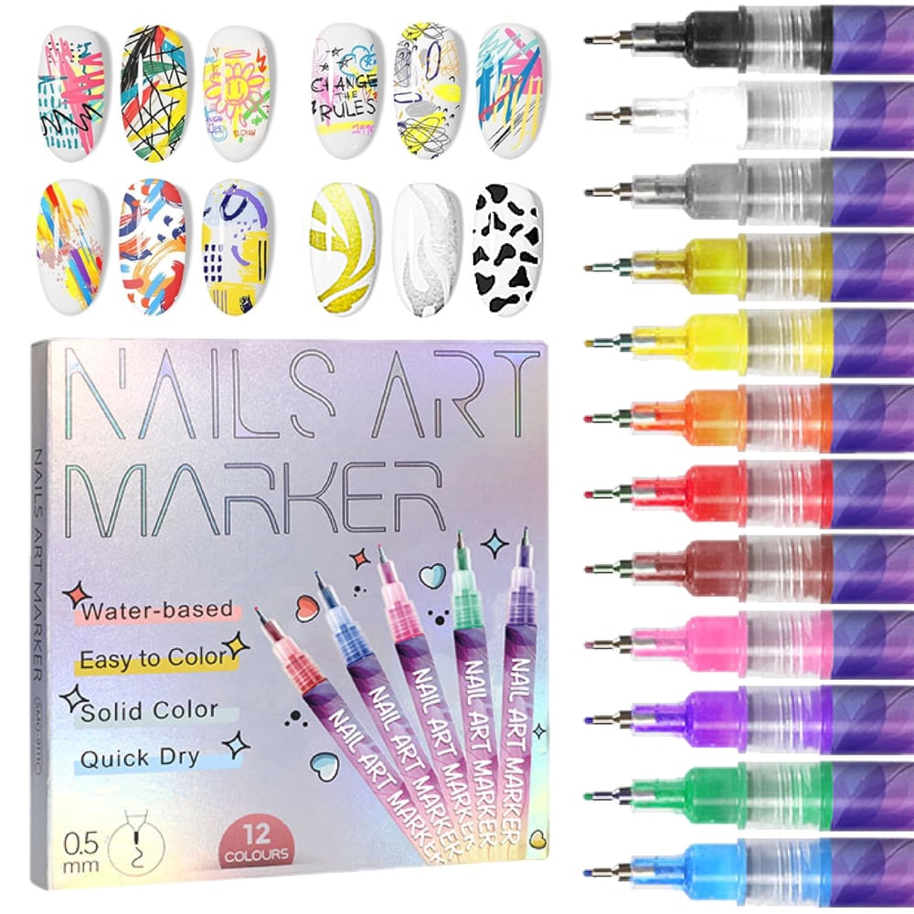 BowLift | 12 Colors Nail Art Pens — Acrylic Nail Design Set with Fine Tip