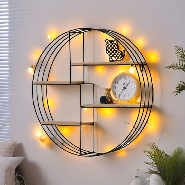 Round Wall Shelf with 4 Levels – Retro Design made of Wood & Metal | Decorative Hanging Shelf for Living Room, Bathroom & Bedroom | Bowlift