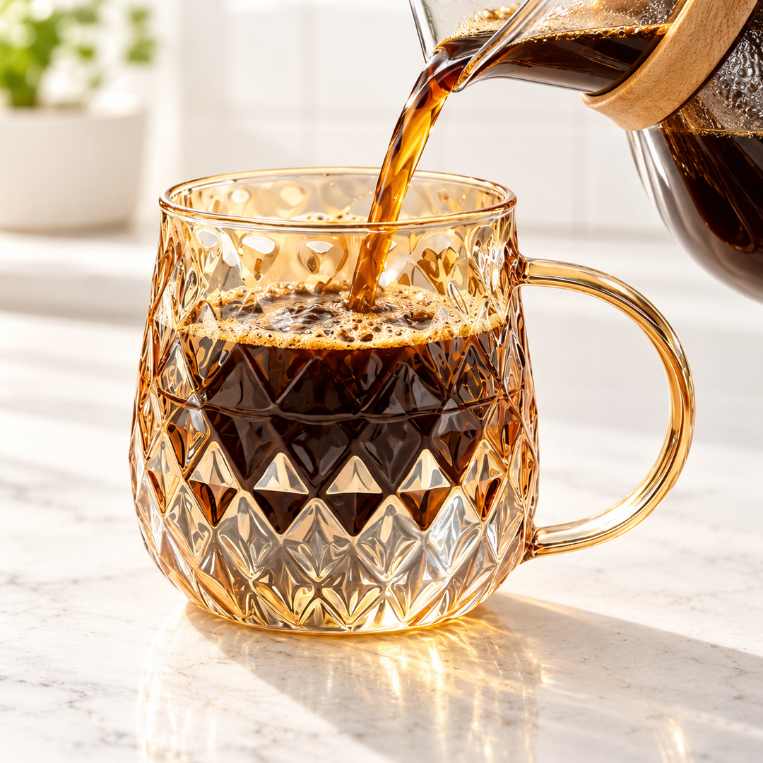 Hand-Blown Diamond-Cut Glass Coffee Mug with Ergonomic Handle Bowlift