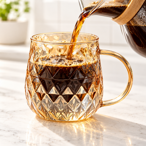 Hand-Blown Diamond-Cut Glass Coffee Mug with Ergonomic Handle Bowlift
