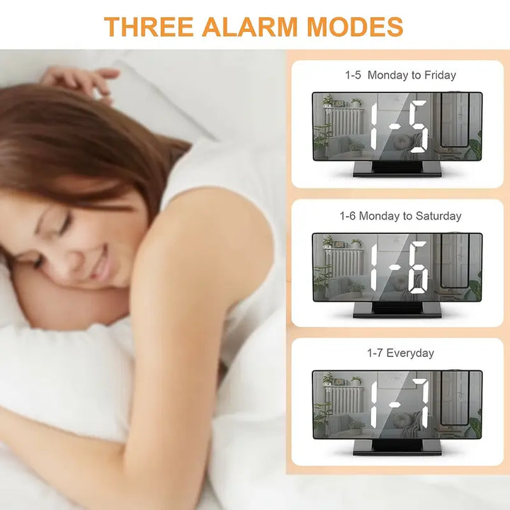 BowLift | 180° Adjustable LED Projection Alarm Clock – Snooze, 12/24H Time & Temperature Display, Mirror Design – USB Powered, Night Mode & Memory Function