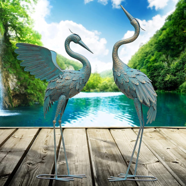 BowLift | 33-37 Inch Metal Crane Garden Statue Decor, Bird Garden Sculpture & Statues, Outdoor Decoration for Garden Patio Lawn Backyard Pool, Vintage Spreading Wings Crane, Set of 2