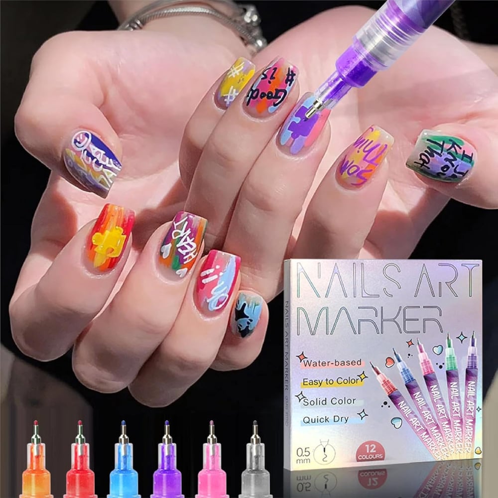 BowLift | 12 Colors Nail Art Pens — Acrylic Nail Design Set with Fine Tip
