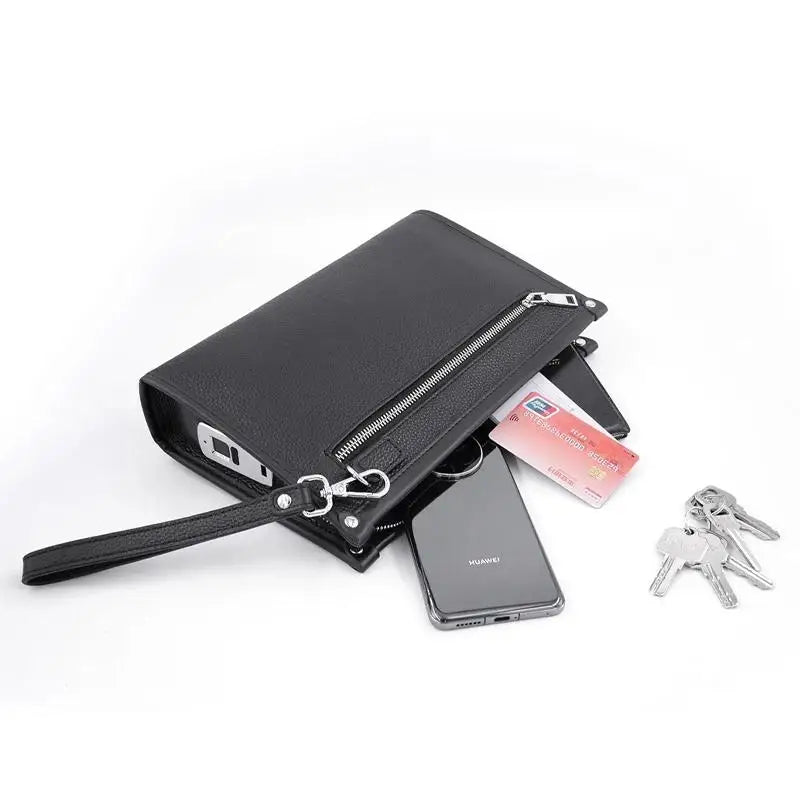 Men's Genuine Leather Business Clutch with Fingerprint Lock – Black | Bowlift