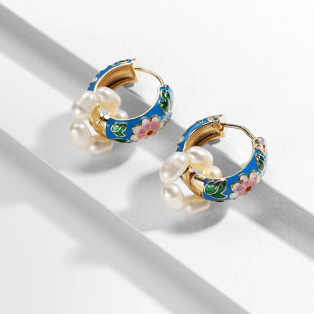 BowLift | Floral Elegance Pearl Enamel Hoop Earrings