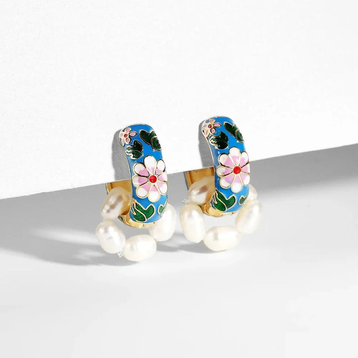 BowLift | Floral Elegance Pearl Enamel Hoop Earrings