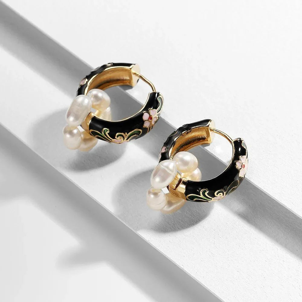 BowLift | Floral Elegance Pearl Enamel Hoop Earrings