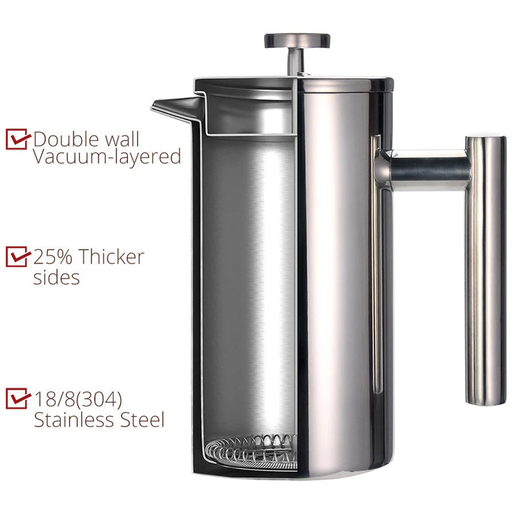 French Press Coffee Maker Double Wall Stainless Steel with Clip/Spoon | Bowlift