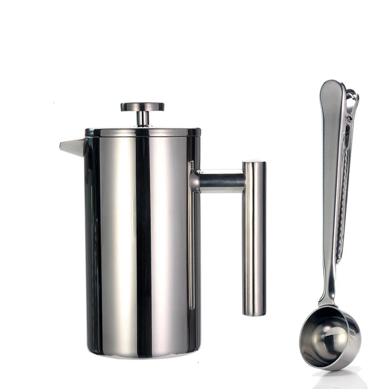 French Press Coffee Maker Double Wall Stainless Steel with Clip/Spoon | Bowlift